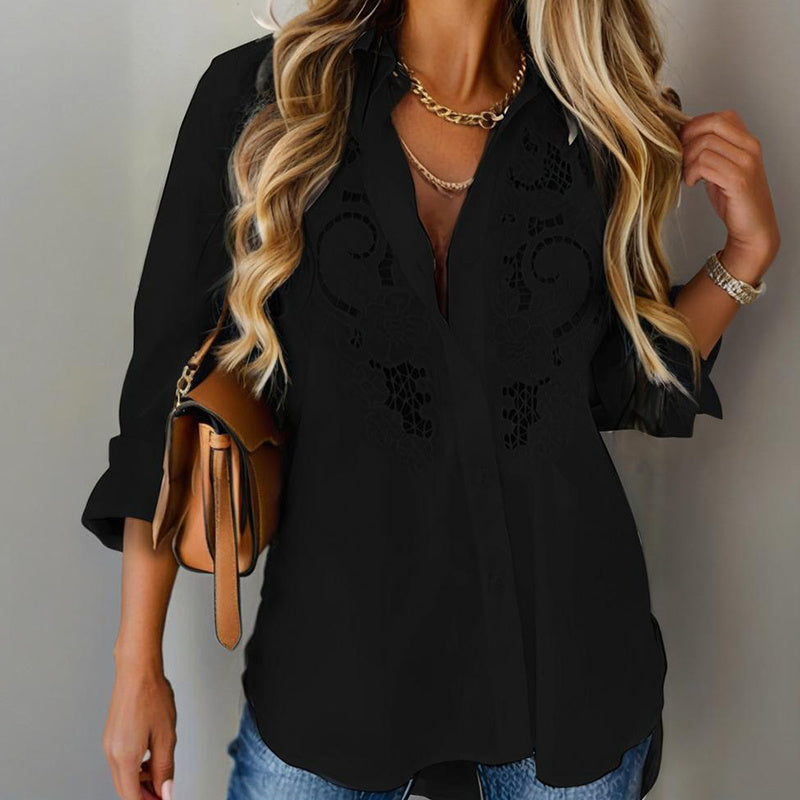 Women's Contrast Lace Long Sleeve Tops Button Down Shirts Dressy Casual Blouses Fall Fashion Clothes