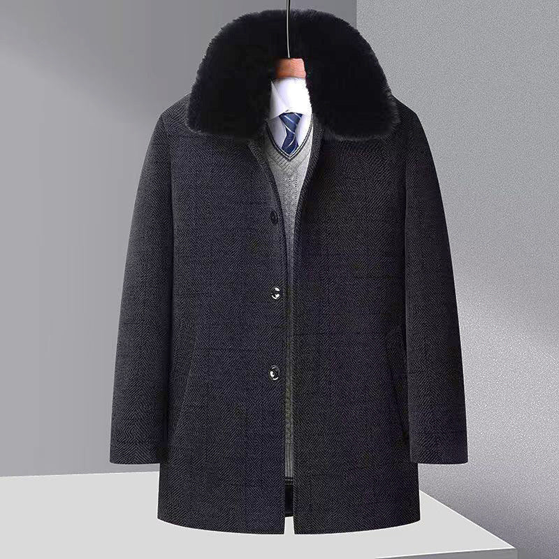 Autumn And Winter New Men's Trench Coat Chenille Fleece-lined Middle-aged And Elderly Men's Fur Collar Woolen Coat