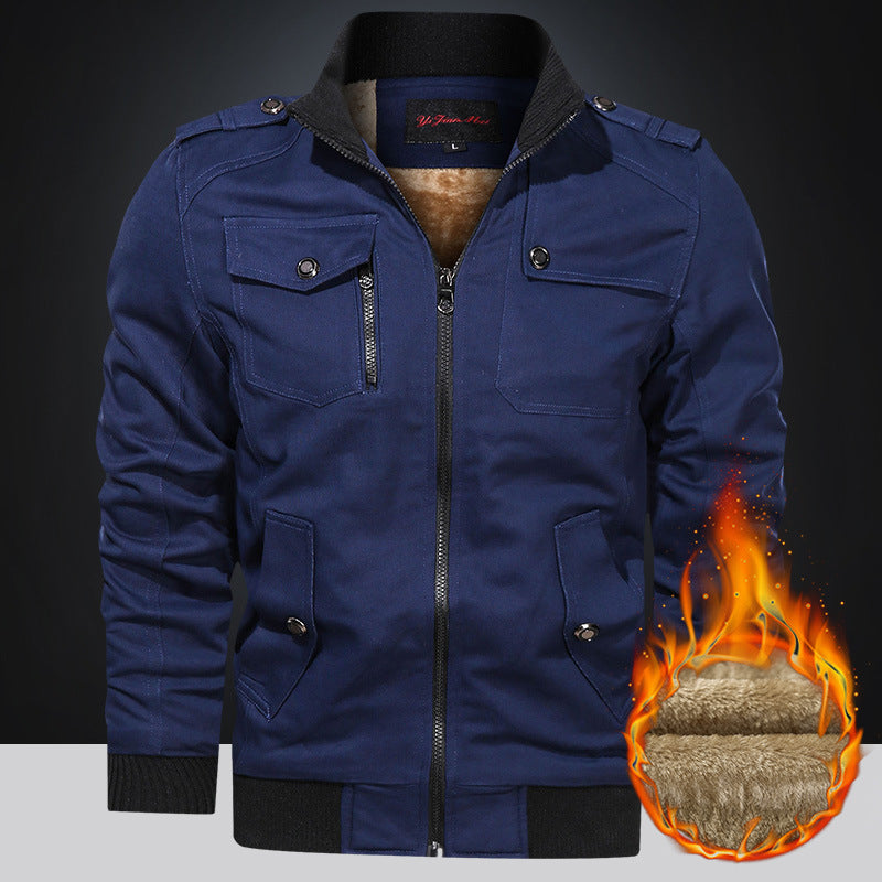Fleece-lined Thickened Korean Style Casual Polo Collar Flight Jacket Warm-keeping Cotton Clothing