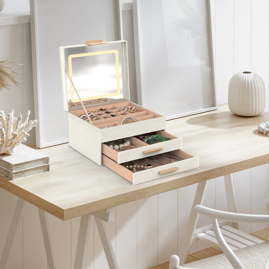 1 Set Jewelry Box With LED Mirror 3 Layer Jewelry Organizer With 2 Drawers PU Jewelry Holder With 3 Mirror Light Colors Dimmable For Earrings Rings Bracelets Necklaces