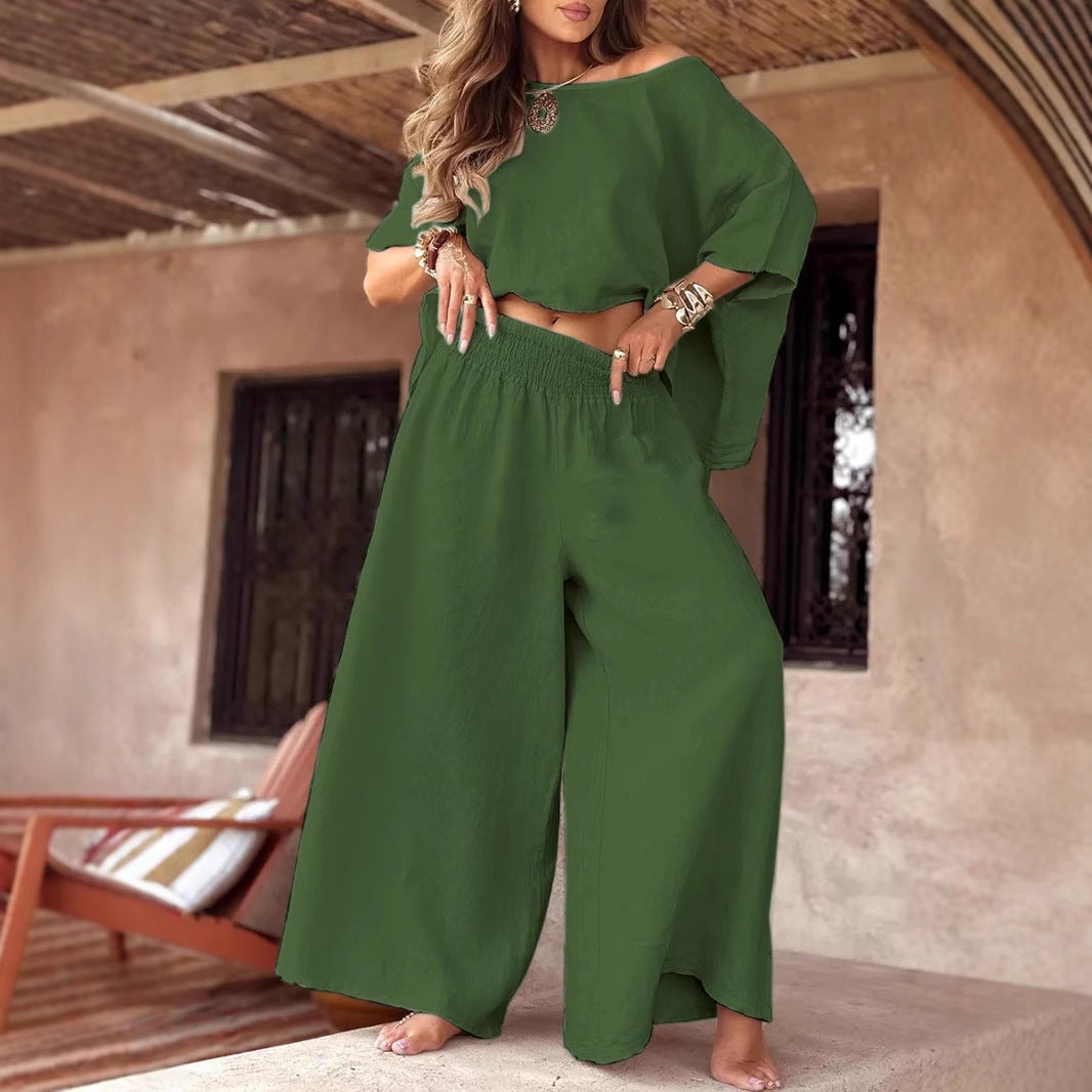 Solid Color Loose Round Neck Off-the-shoulder Women's Summer Suit
