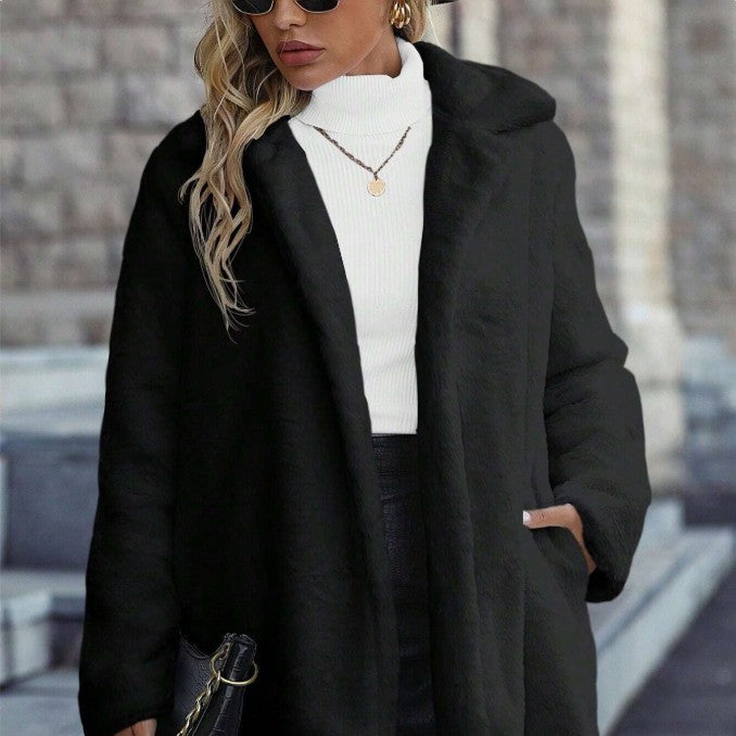 Fashionable Solid Color Women's Fluffy Burgundy Jacket