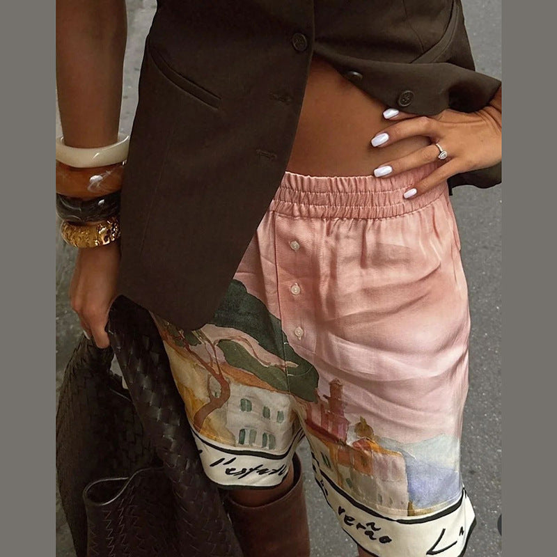 Women's Casual Style Printing Lapel Breasted Shirt Shorts Suit