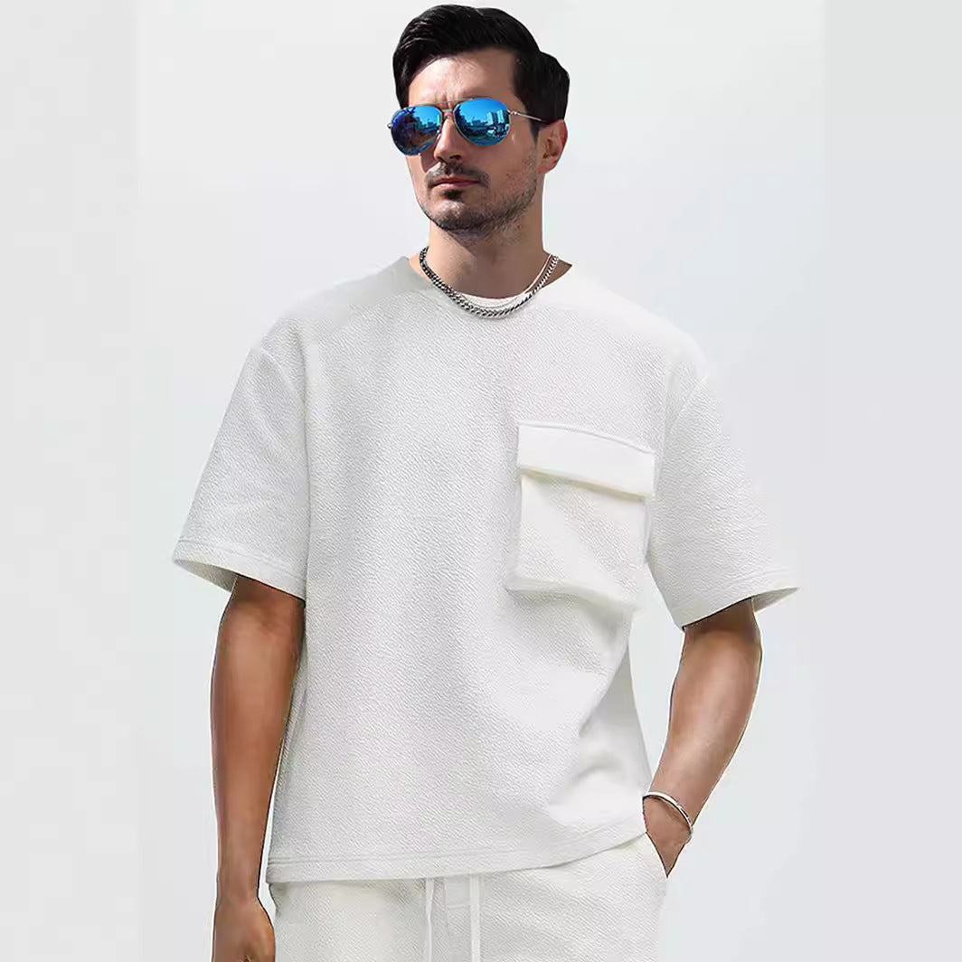 Men's Patch Pocket Champray Crew Neck Casual Loose 5-point Sleeve Top