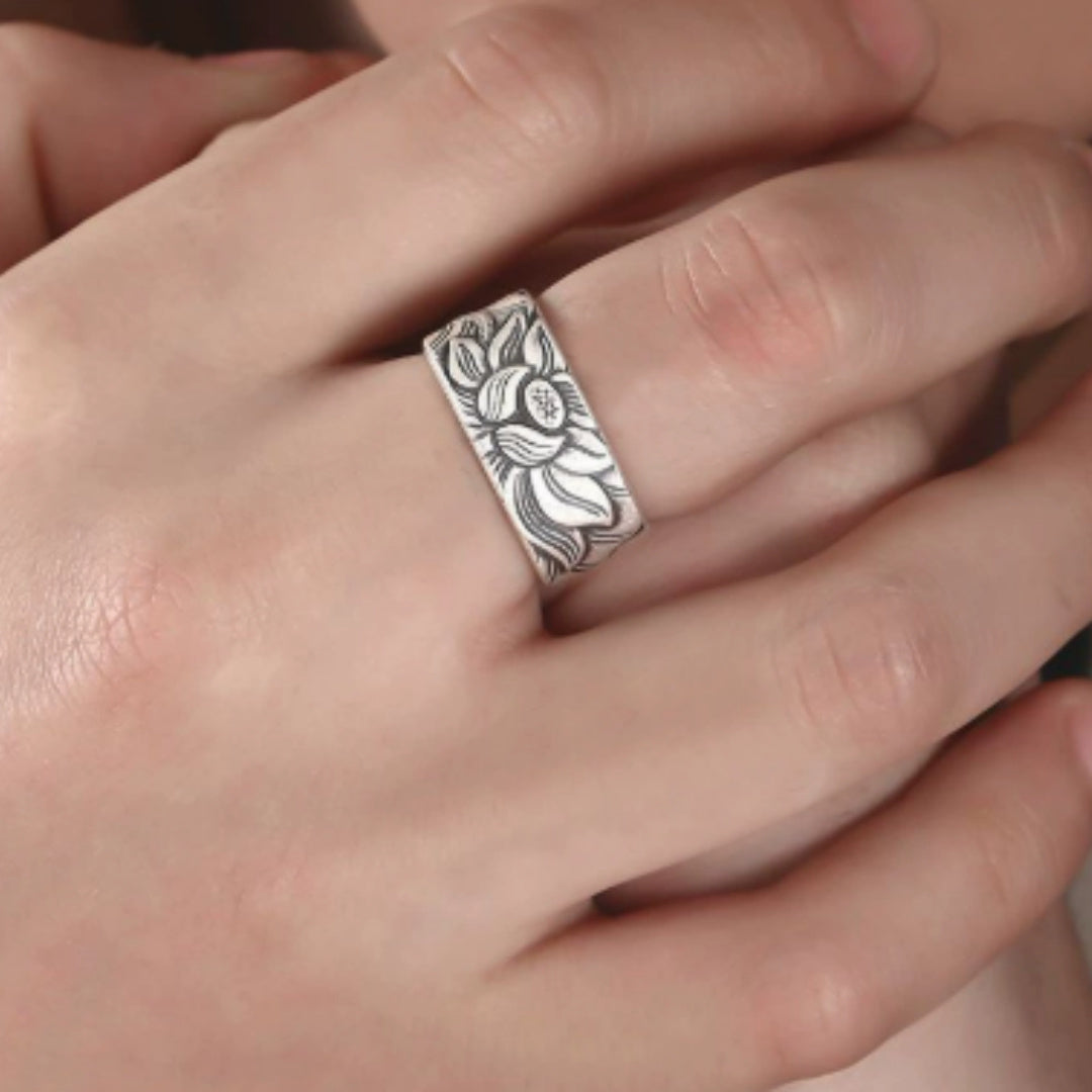 Lotus Hannya Shingyo S999 Sterling Silver Ring Antique Style