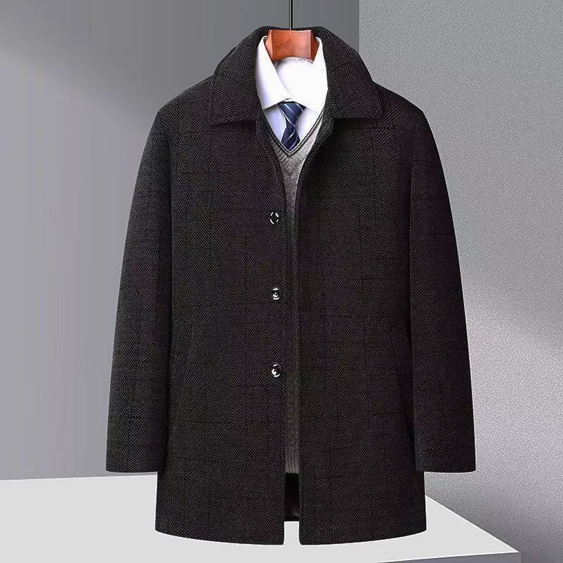 Autumn And Winter New Men's Trench Coat Chenille Fleece-lined Middle-aged And Elderly Men's Fur Collar Woolen Coat