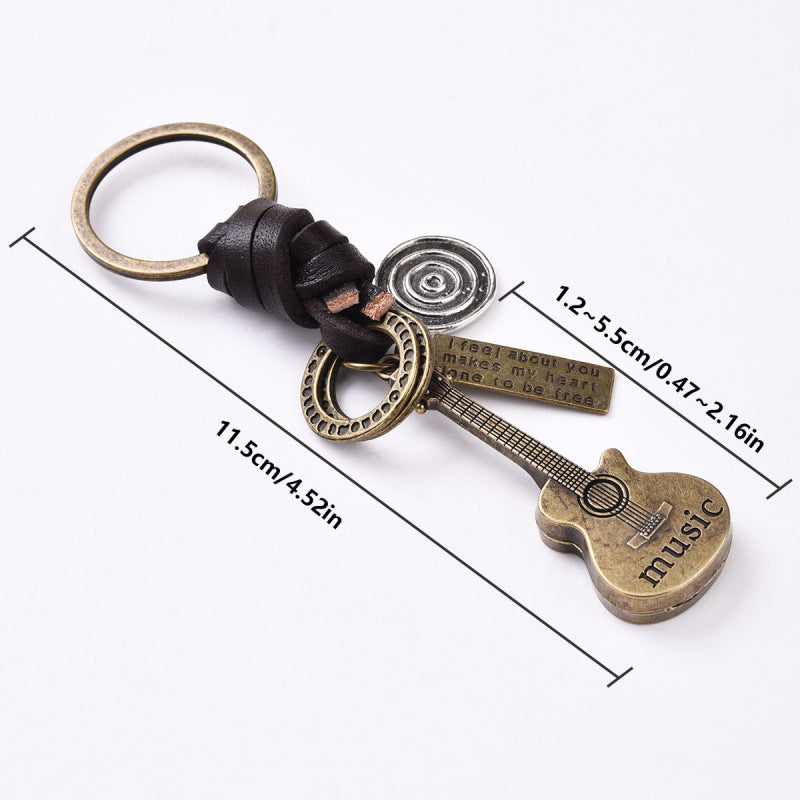 Simple Personality Vintage Guitar Keychain Cowhide Woven Charm Music Lovers