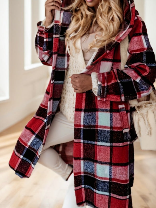 Women's Plaid Hooded Coat With Pocket Detail