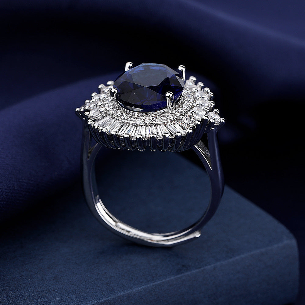 Sea Blue Heart Luxury Square Full Diamond Open Mouth Design Luxury Female Temperament Ring