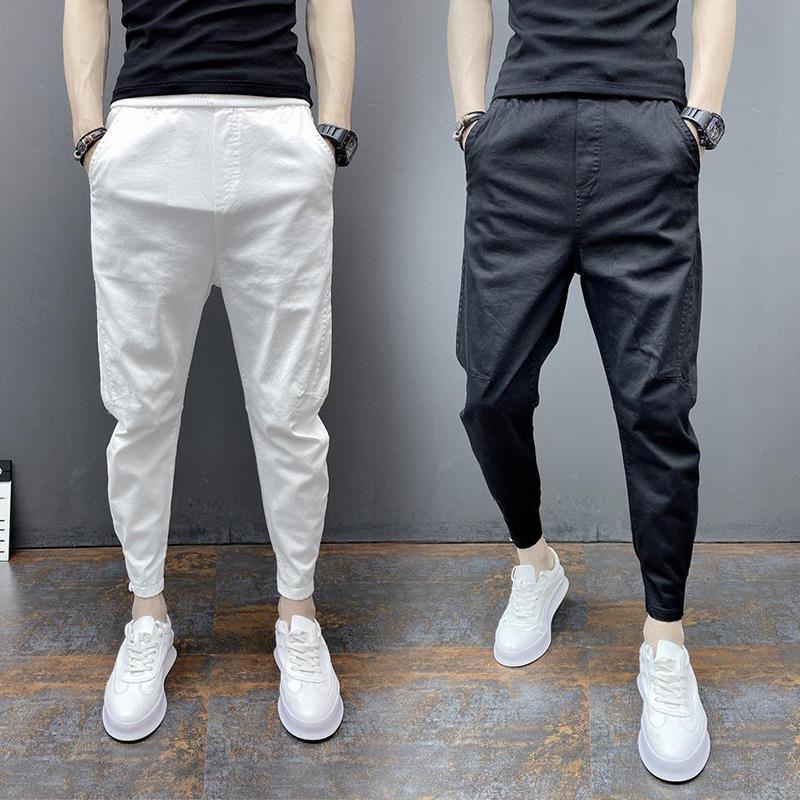 Slim-fitting Ankle Length Trousers Solid Color Elastic Ankle-tied Harem Pants