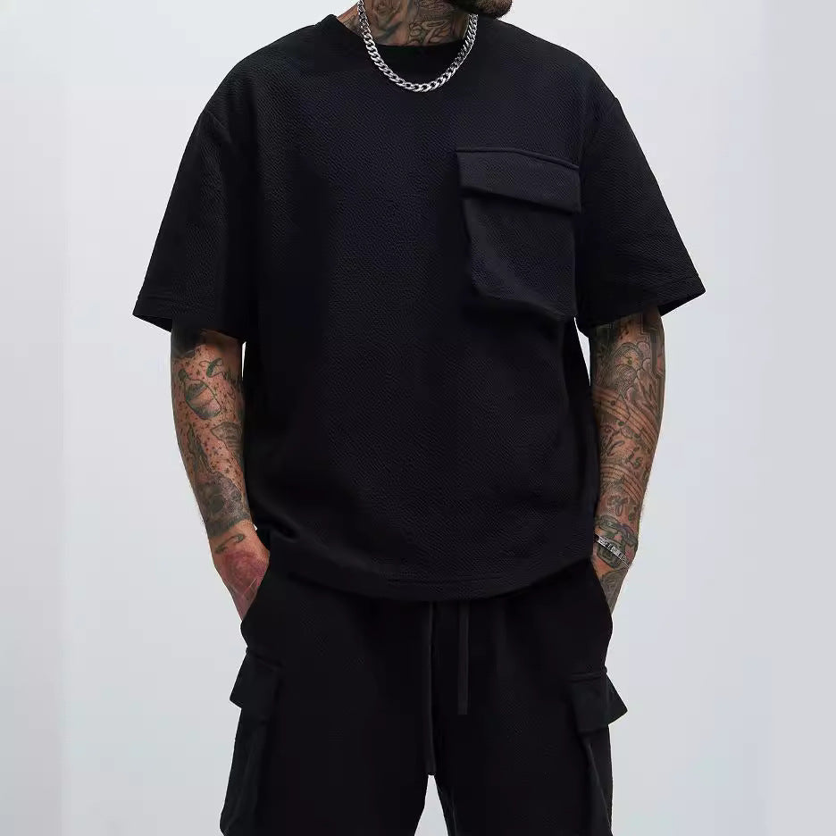 Men's Patch Pocket Champray Crew Neck Casual Loose 5-point Sleeve Top