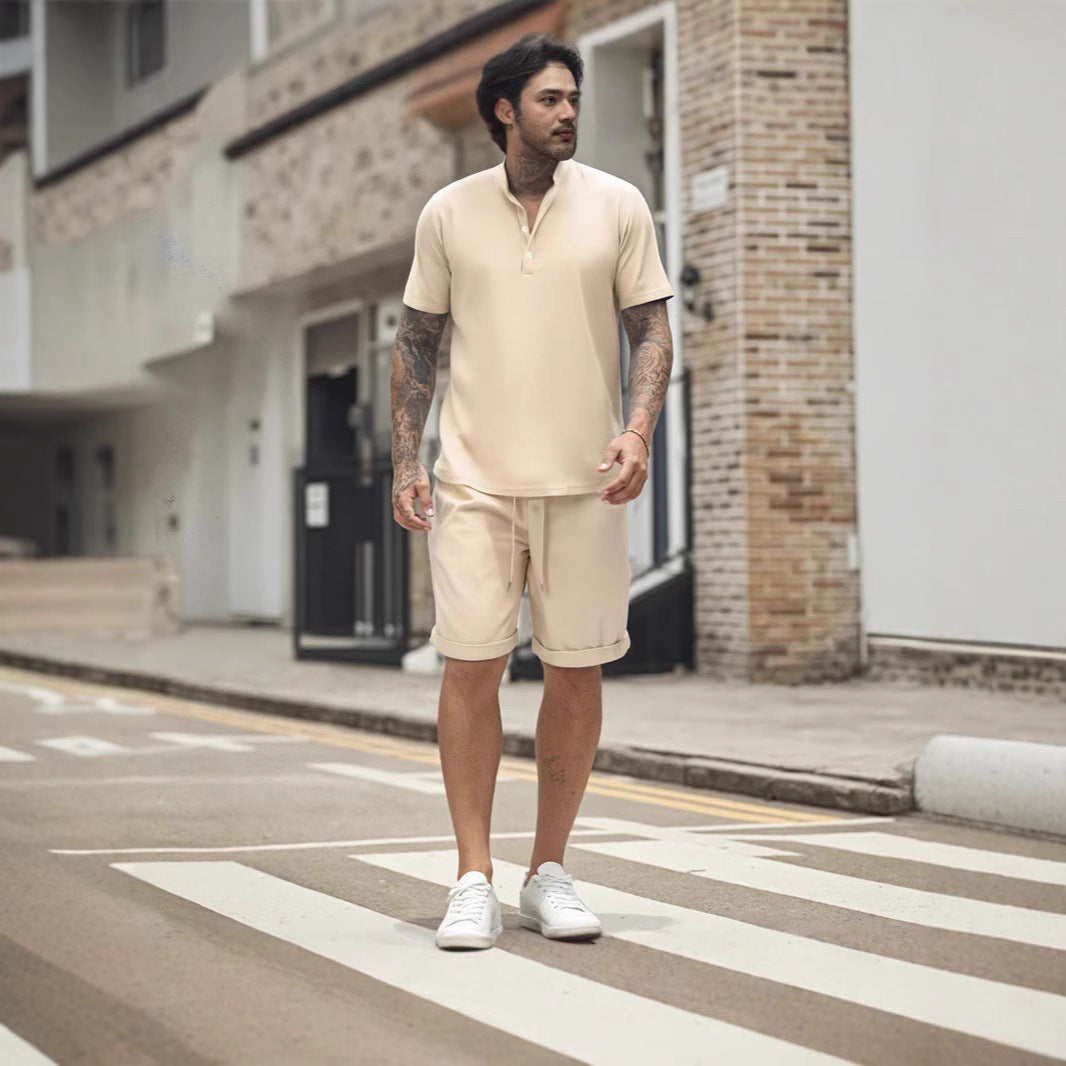 Men's Short Sleeve T-shirt Henley Shirt Casual Loose Suit