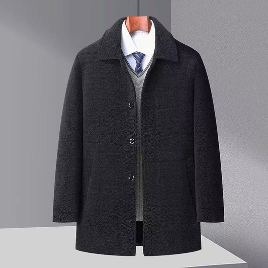 Autumn And Winter New Men's Trench Coat Chenille Fleece-lined Middle-aged And Elderly Men's Fur Collar Woolen Coat