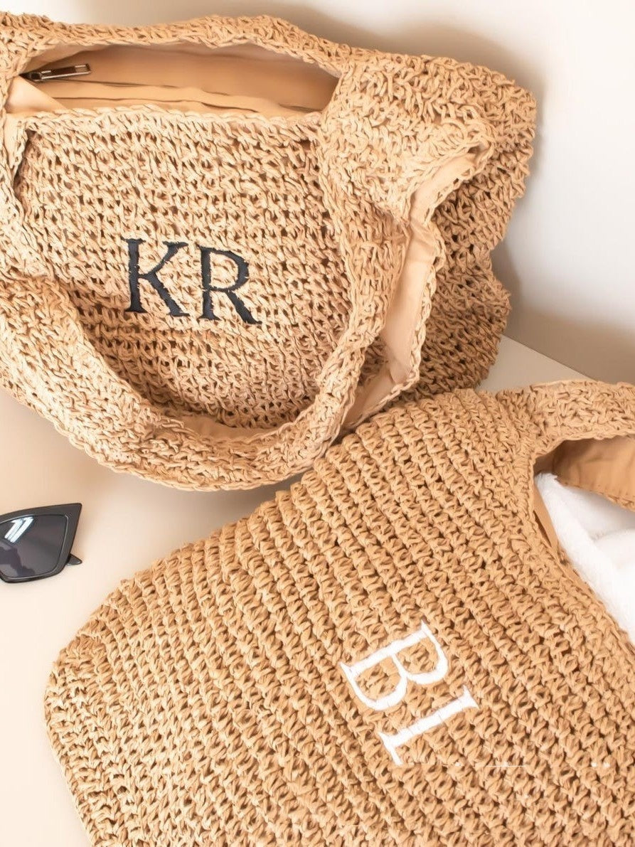 Fashionable Handheld Straw Bag With Alphabet Embroidery