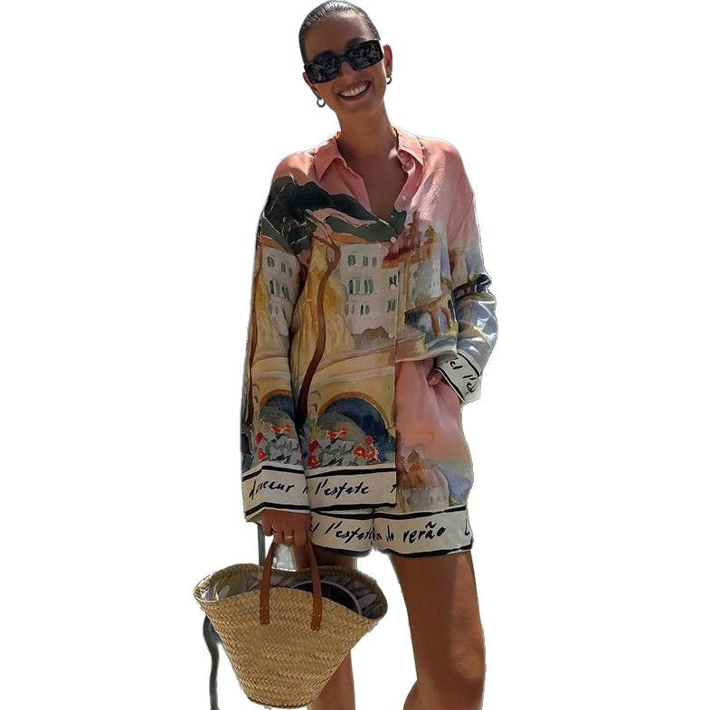 Women's Casual Style Printing Lapel Breasted Shirt Shorts Suit