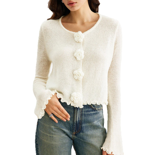 Three-dimensional Flower Slim Fit Stringy Selvedge Knitwear