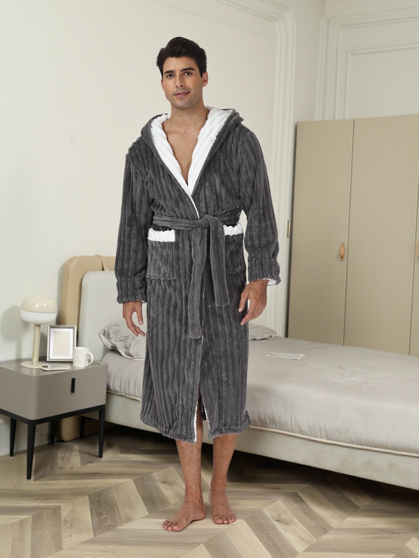 Thick Night-robe Flannel Men's Long Hooded Lace Bathrobe