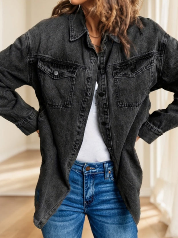 Women'S Distressed Denim Shirt With Raw Hem