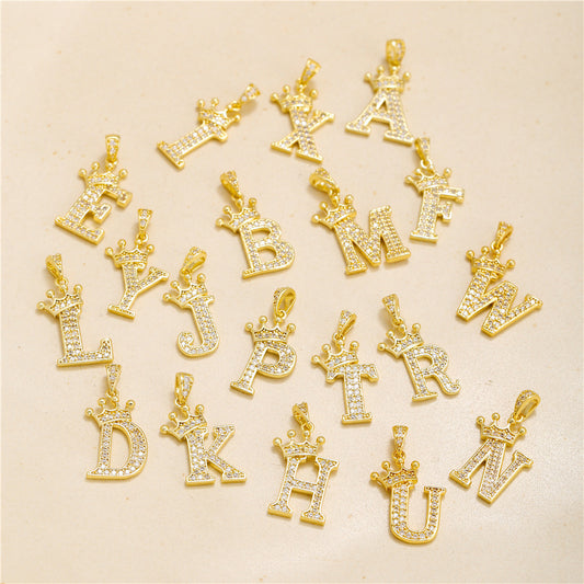 Gold Plated Copper Inlaid Zircon Crown 26 English Letters Full Diamond Pendant Parts