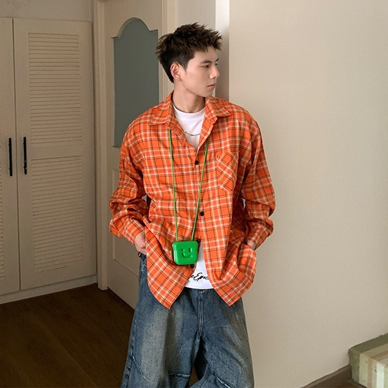 Retro Design Long Sleeve Lining Loose Casual Orange Plaid Shirt Men