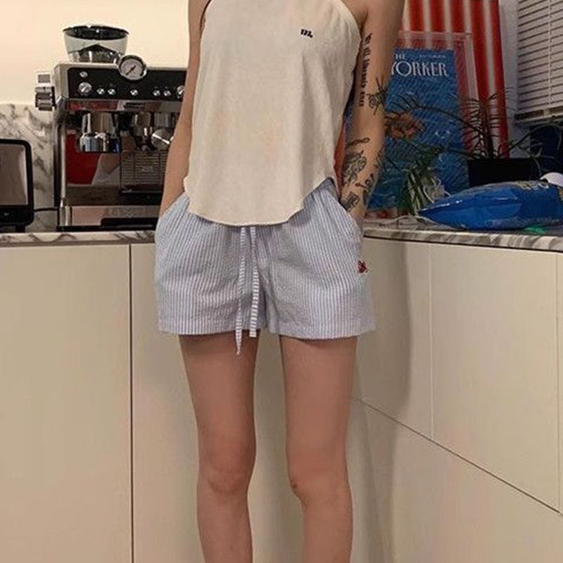 Blue Color With Pinky White Flowers Vertical Striped Hot Pants Women's Wide Leg Shorts