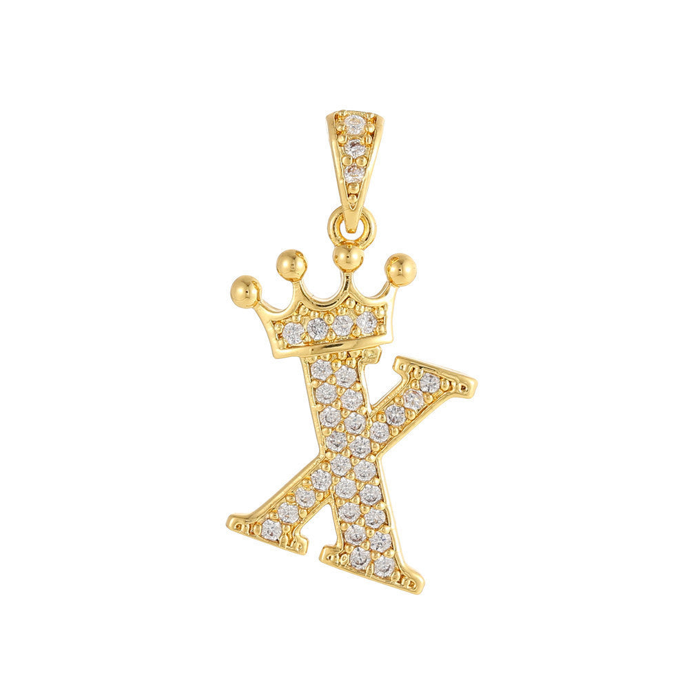 Gold Plated Copper Inlaid Zircon Crown 26 English Letters Full Diamond Pendant Parts