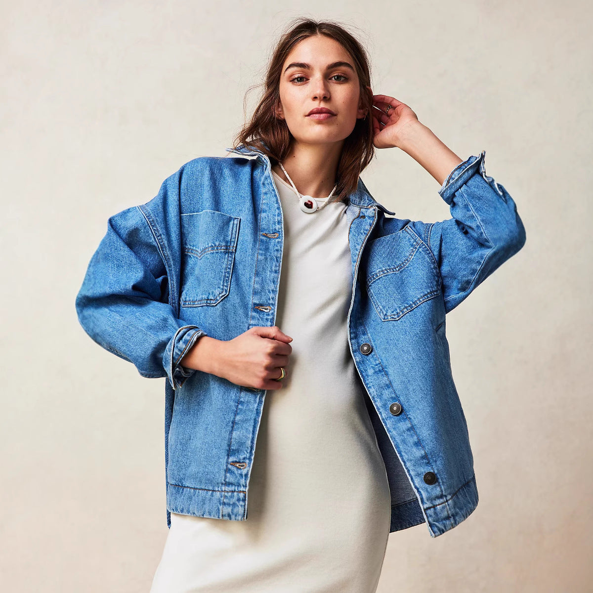 Casual Versatile Pocket Side Slit Denim Women's Coat