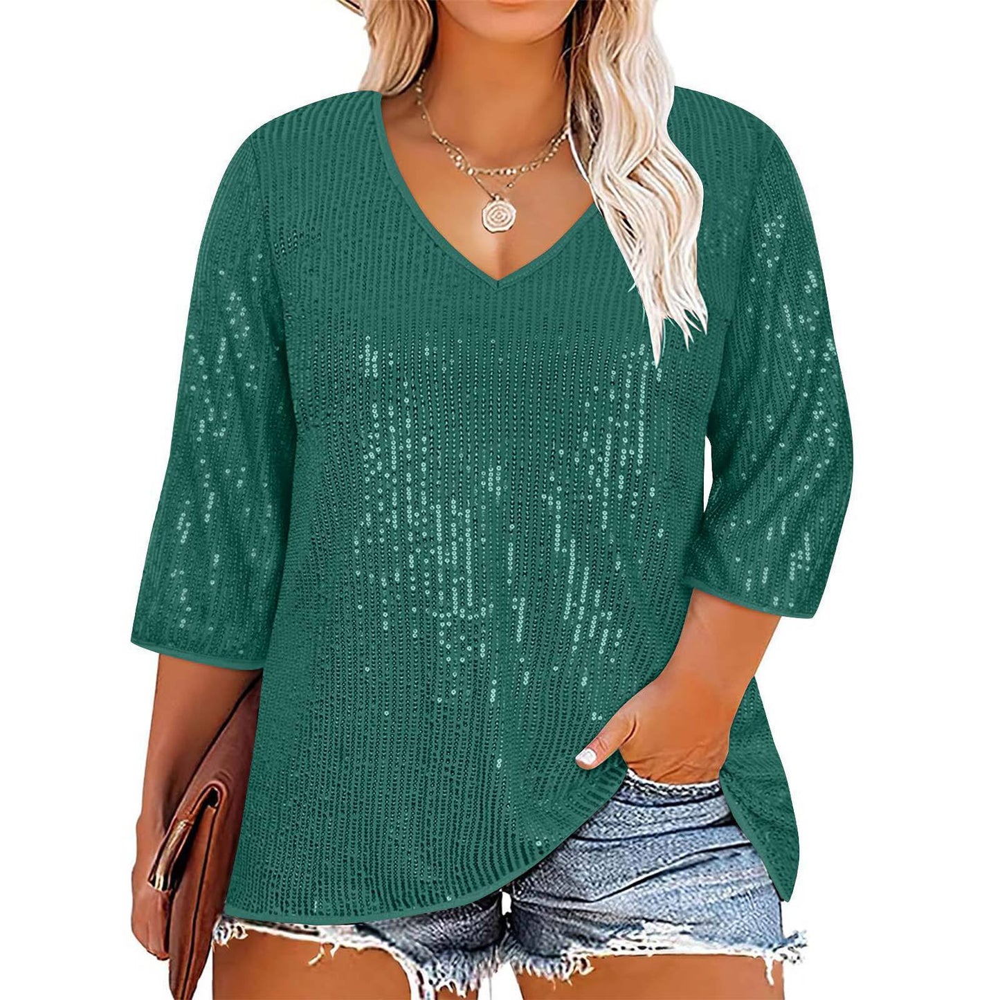 European And American Autumn And Winter Loose Top Retro Sequin Casual V-neck Sequined T-shirt For Women