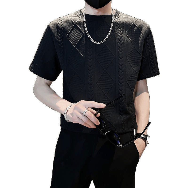 Rhombus Jacquard Personality Trend Summer Round Neck Half T-shirt
