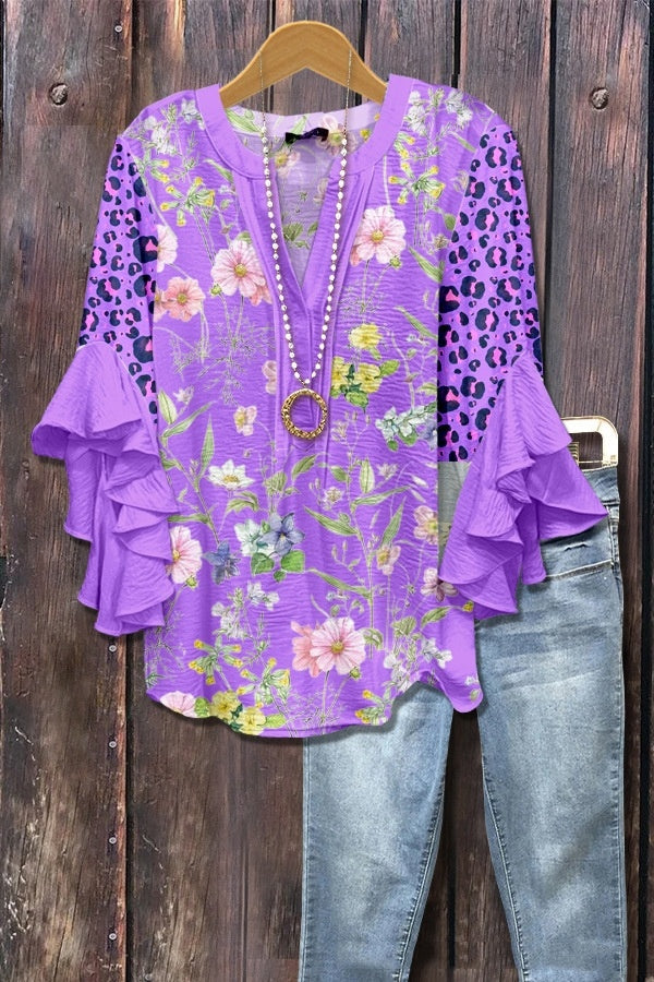 New Printed European And American Leisure Collar Lotus Edge Loose Women's Wear T-Shirt