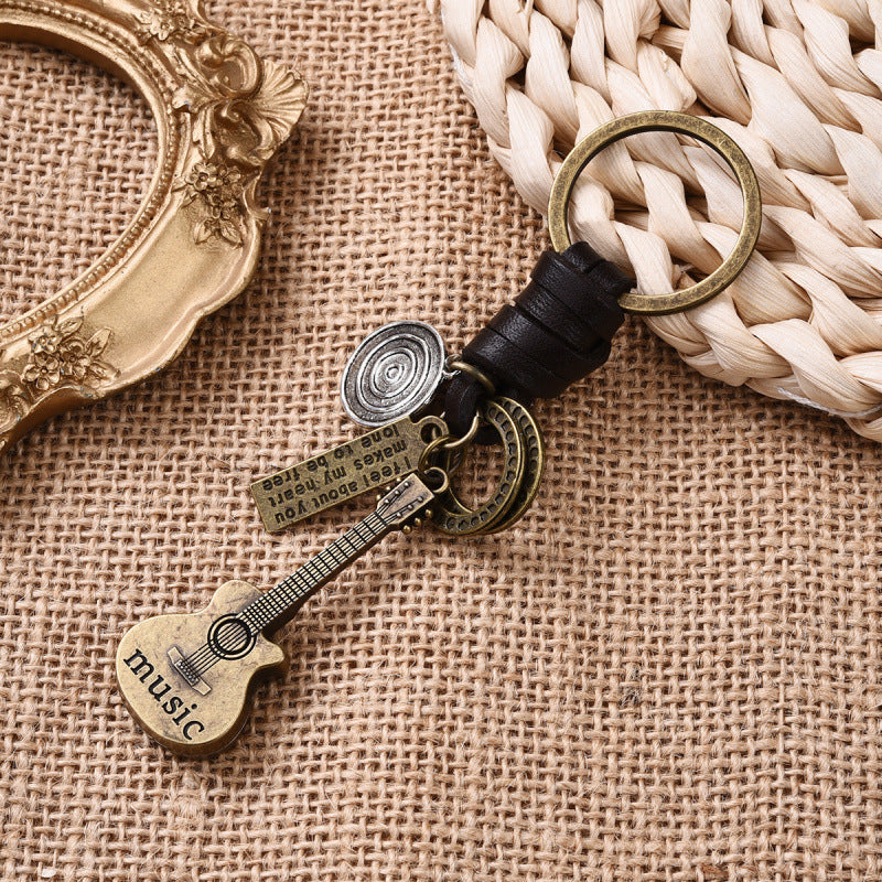 Simple Personality Vintage Guitar Keychain Cowhide Woven Charm Music Lovers