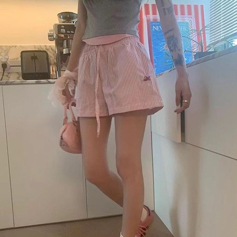 Blue Color With Pinky White Flowers Vertical Striped Hot Pants Women's Wide Leg Shorts