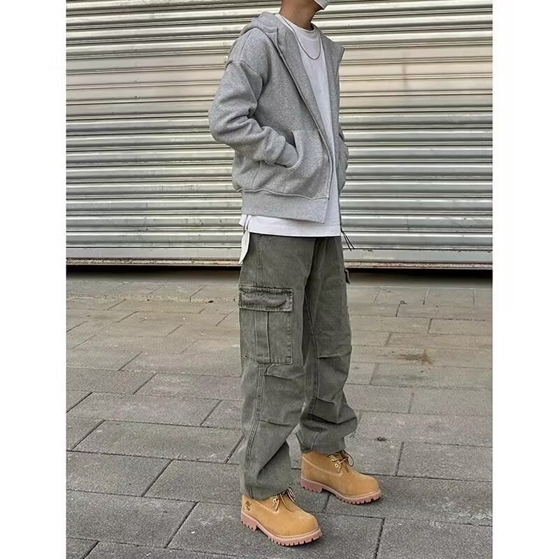 Loose Straight Heavy Stone Washed Retro Casual Denim Trousers