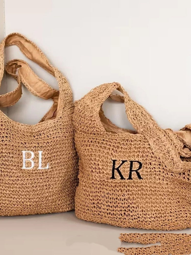 Fashionable Handheld Straw Bag With Alphabet Embroidery