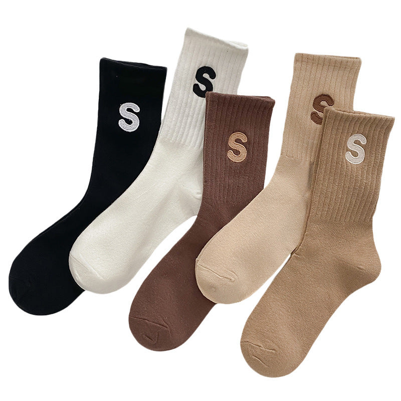 Women's Embroidered S-letter Cotton Sweat-absorbent Autumn And Winter Socks
