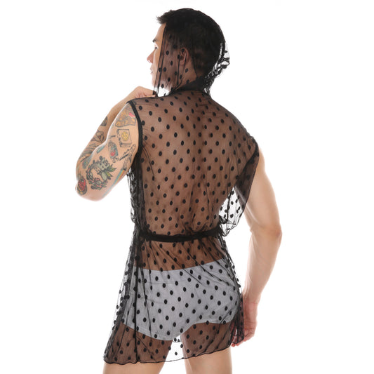 Men's Transparent Fashion Lace Mesh Bathrobe