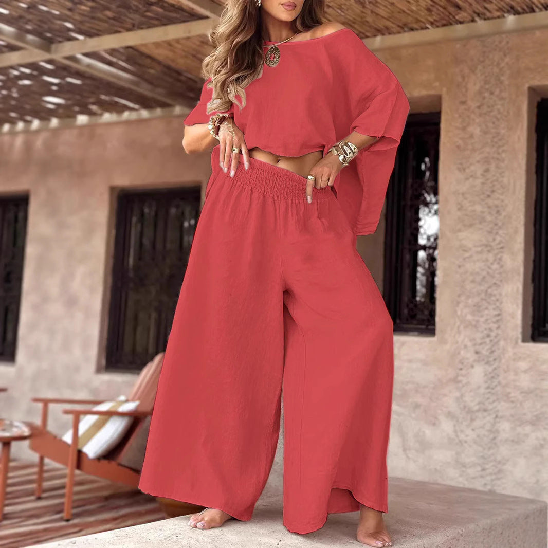Solid Color Loose Round Neck Off-the-shoulder Women's Summer Suit