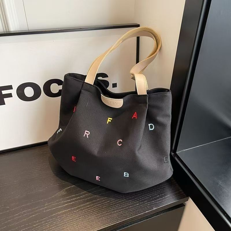 Embroidered Letter Handbag Solid Color Shoulder Tote Bag