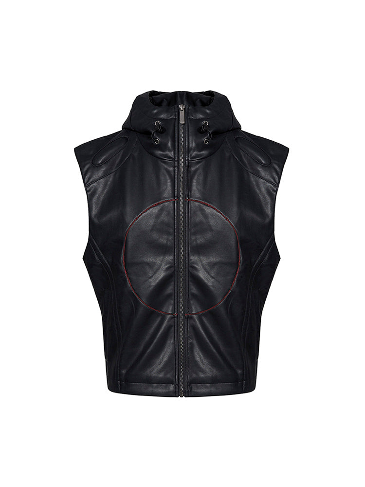 Short Hood Slim Fit Leather Waistcoat Coat Men's Summer Five-pointed Star PU Leather