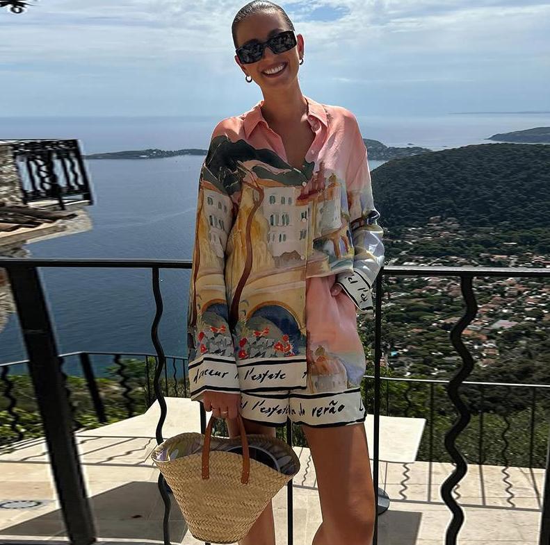 Women's Casual Style Printing Lapel Breasted Shirt Shorts Suit