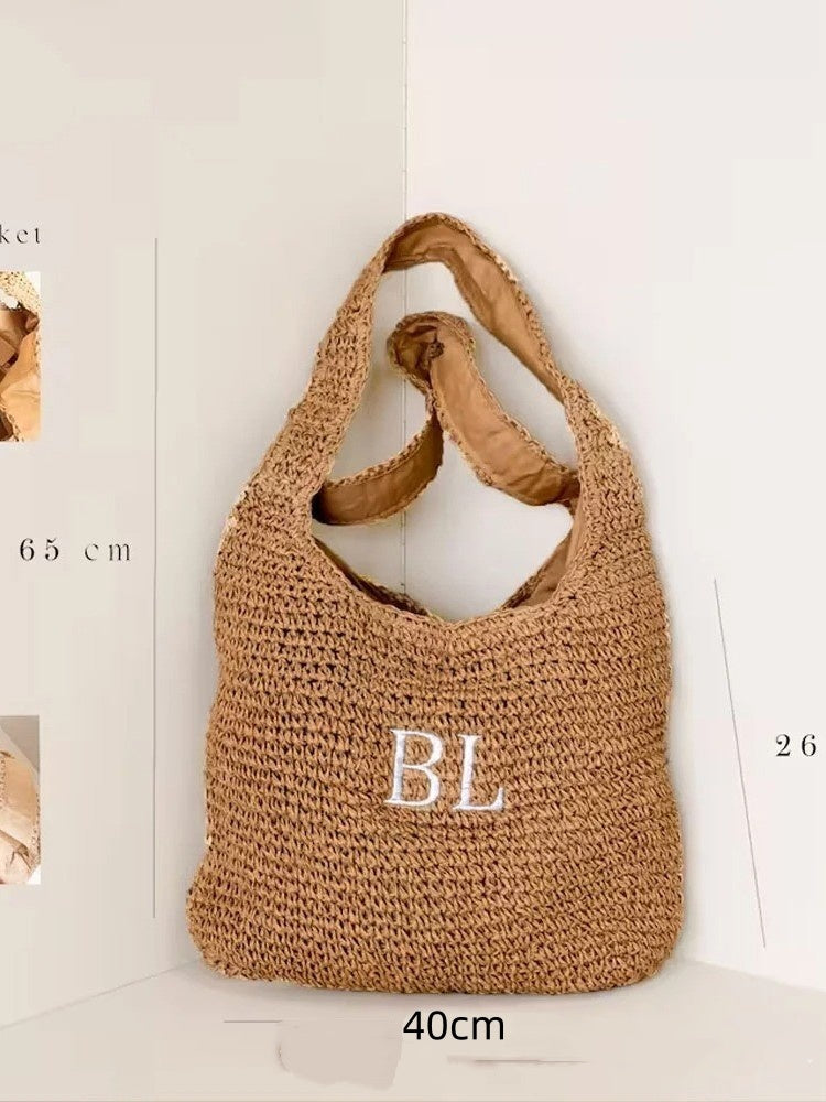 Fashionable Handheld Straw Bag With Alphabet Embroidery
