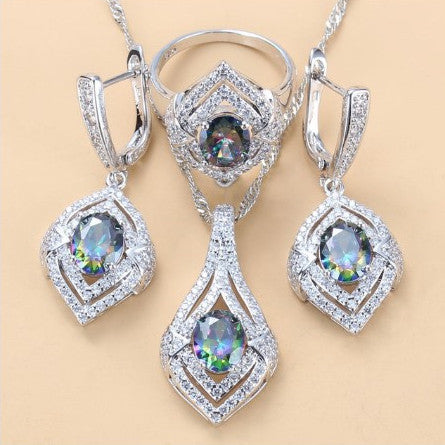 Gem-inlaid Pendant Earrings Necklace Ring Ladies Three-piece Set