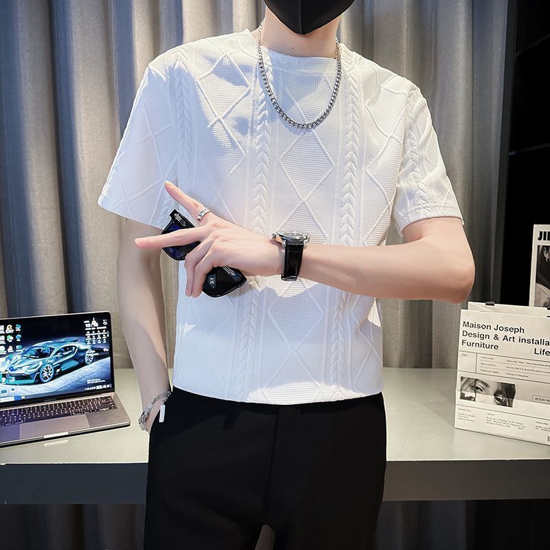 Rhombus Jacquard Personality Trend Summer Round Neck Half T-shirt