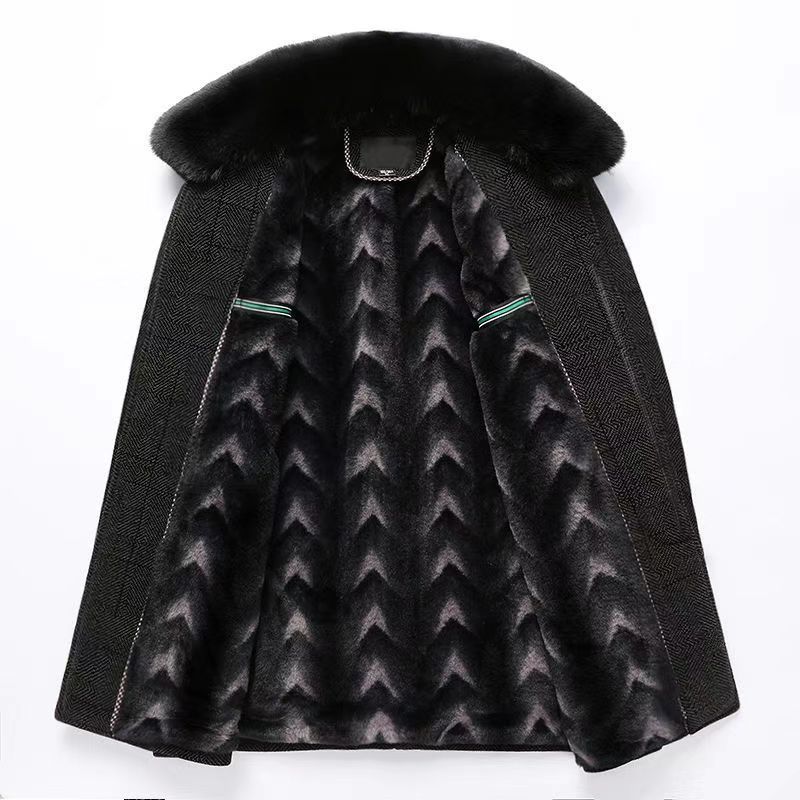 Autumn And Winter New Men's Trench Coat Chenille Fleece-lined Middle-aged And Elderly Men's Fur Collar Woolen Coat