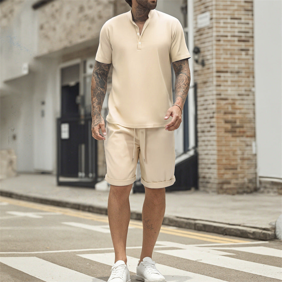 Men's Short Sleeve T-shirt Henley Shirt Casual Loose Suit