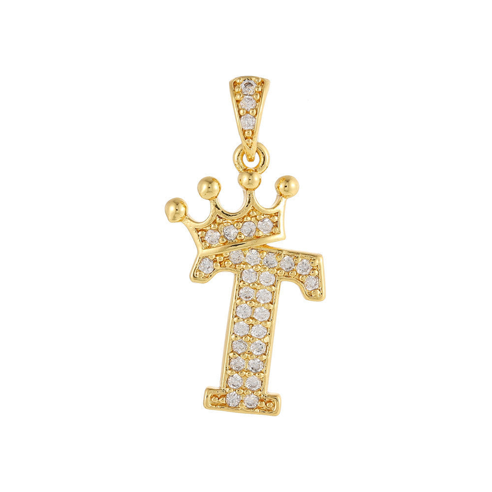 Gold Plated Copper Inlaid Zircon Crown 26 English Letters Full Diamond Pendant Parts