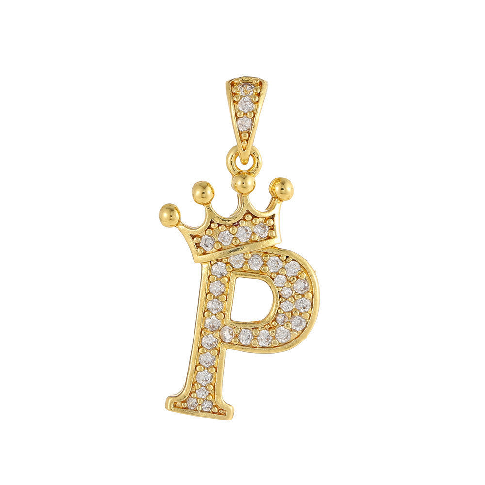 Gold Plated Copper Inlaid Zircon Crown 26 English Letters Full Diamond Pendant Parts