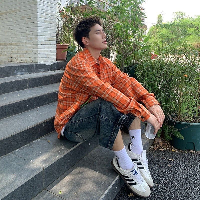 Retro Design Long Sleeve Lining Loose Casual Orange Plaid Shirt Men