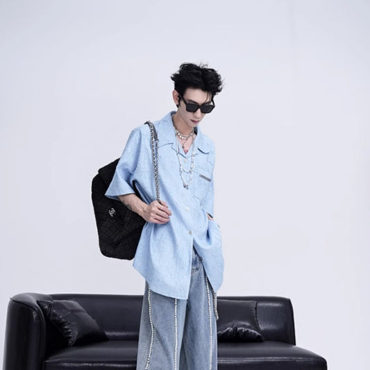 Niche Design Pleated Textured Short Shirt Men's Tops