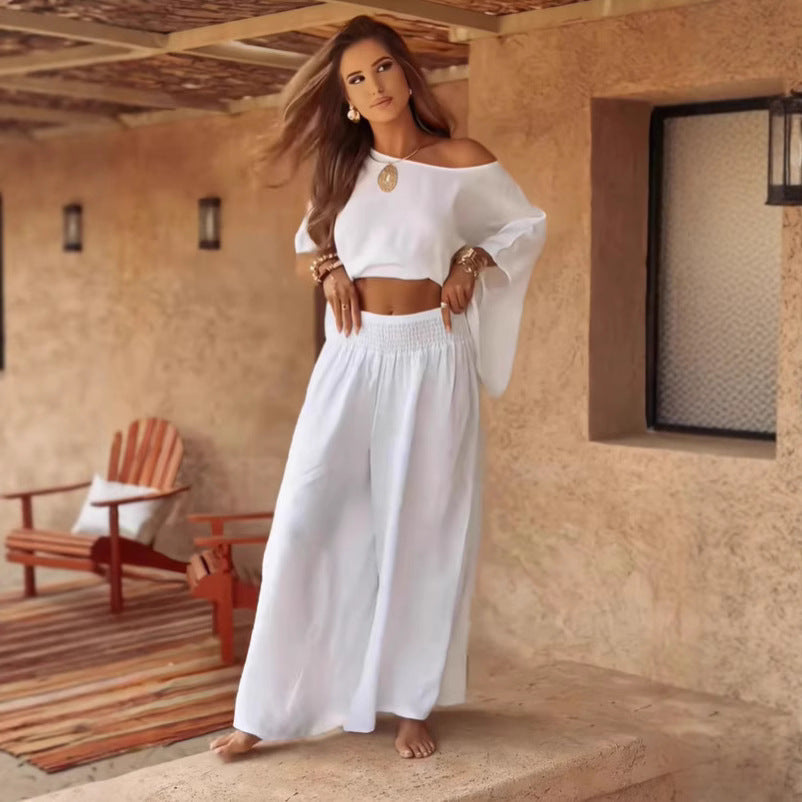 Solid Color Loose Round Neck Off-the-shoulder Women's Summer Suit